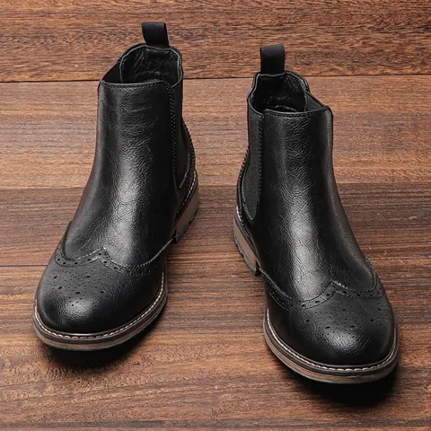 Stivali Chelsea da Uomo Retro Wingtip Brogue in Pelle Sintetica Altezza Polpaccio Casual Boots Stile Britannico Suola Antiscivolo