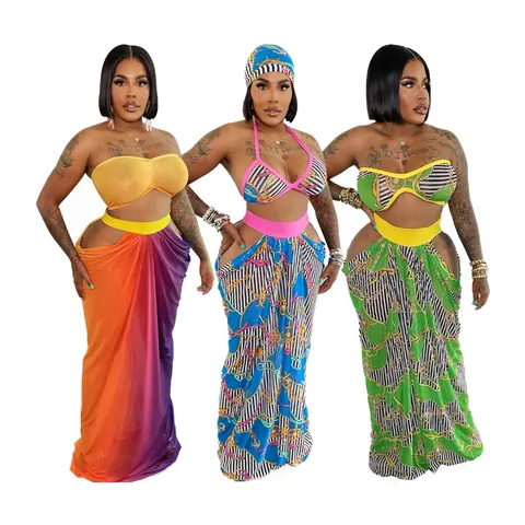 Women Sexy Beach Print Top and Bottom Set Ruched Bandeau Top Cut Out High Waist Gradient Maxi Skirt Set Vacation Summer Clubwear