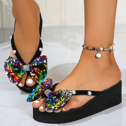Chanclas de Cuña para Mujer Suela Gruesa Lazo con Lentejuelas Diamantes de Imitación Sandalias de Playa al Aire Libre Zapatillas de Plataforma de Moda de Verano