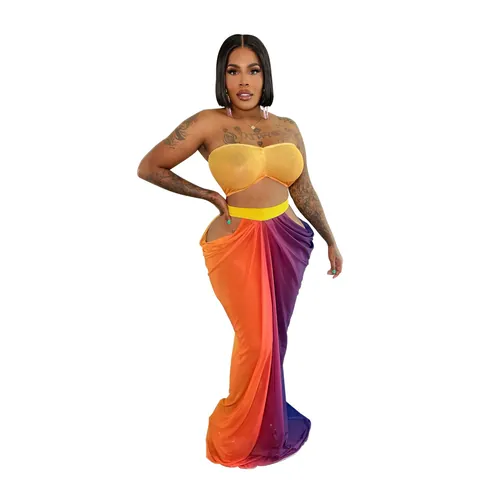 Women Sexy Beach Print Top and Bottom Set Ruched Bandeau Top Cut Out High Waist Gradient Maxi Skirt Set Vacation Summer Clubwear