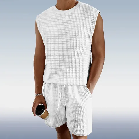 Canotta Senza Maniche E Pantaloncini In Maglia Waffle Da Uomo Tinta Unita Texture A Quadretti Completo Sportivo Estivo