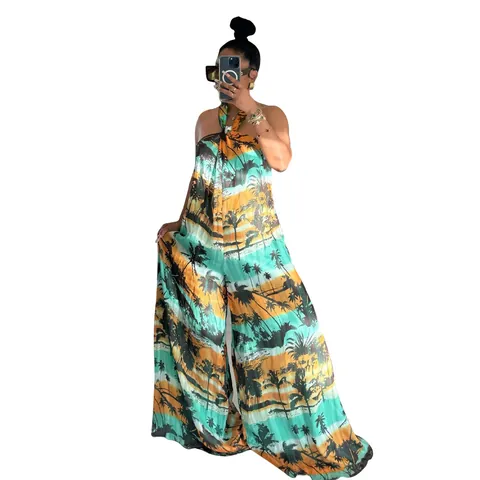 Women Halter Neck Backless Jumpsuit Tropical Palm Tree Print Wide Leg Sleeveless Loose Summer Vacation Jumpsuit