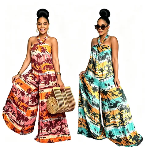 Women Halter Neck Backless Jumpsuit Tropical Palm Tree Print Wide Leg Sleeveless Loose Summer Vacation Jumpsuit