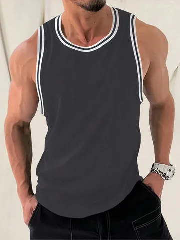 Men's Slim Fit Ribbed Knitted Tank Top Vertical Stripe Patchwork Sleeveless Muscle Top Breathable Gym Fitness Racerback Sports Top