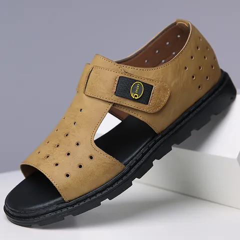Sandalias Casuales para Hombre Verano Transpirable Cuero de Microfibra Calado Zapatos de Playa Aire Libre Antideslizante Cierre de Velcro