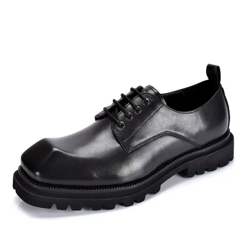 Men Genuine Leather Square Toe Derby Shoes Thick Sole Heightening Handmade Retro Business Casual Fashion Leather Dress Shoes