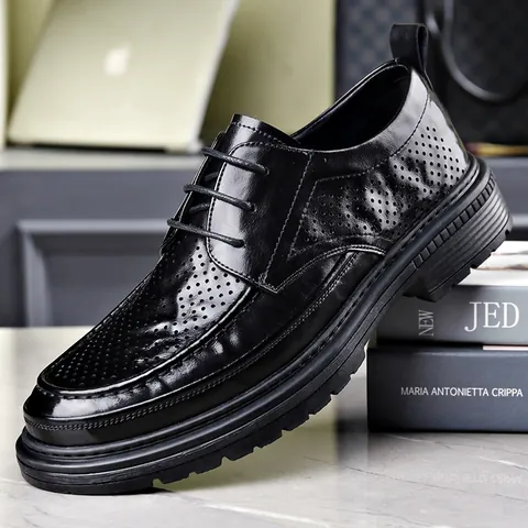 Herren Business Casual Hohlraum Atmungsaktiv Zweite Schicht Rindsleder Schuhe Sommer Mode Schnürer Dicke Sohle Formale Derby Schuhe