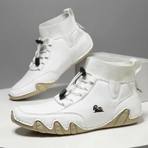 Zapatos Casuales de Caña Alta Unisex Cuero de Microfibra Botas Martin Cuello de Calcetín Antideslizantes Suela de Onda Planos