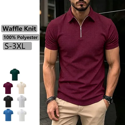 Men Waffle Knit Polo Shirt Polyester Short Sleeve Slim Fit Half Zipper Top Solid Color Casual Fashion Summer Tee