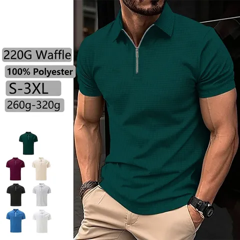 Men Waffle Knit Polo Shirt Polyester Short Sleeve Slim Fit Half Zipper Top Solid Color Casual Fashion Summer Tee