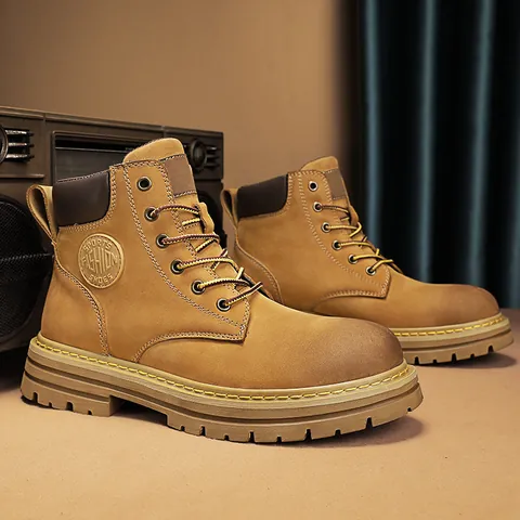 Unisex Split Cow Leather Martin Boots Platform Height Increasing Work Boots High Top Motorcycle Outdoor Wheat Black Short Boots