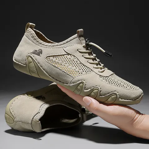 Men Real Leather Mesh Patchwork Casual Sneakers Breathable Octopus Sole Outdoor Sports Shoes Stitched Non-Slip Walking Shoes