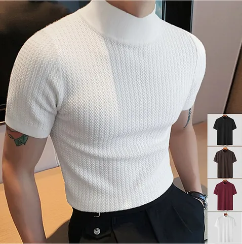 Men Mock Neck Short Sleeve Knit T-Shirt Ripple Texture Slim Fit Base Layer Top Urban Fashion Casual Pullover Apparel