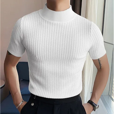 Men Mock Neck Short Sleeve Knit T-Shirt Ripple Texture Slim Fit Base Layer Top Urban Fashion Casual Pullover Apparel