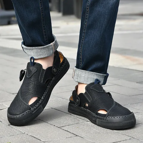 Heren Handgenaaide Microvezel Sandalen Ademend Gesloten Teen Casual Strandschoenen Rubberen Zool Zomer Outdoor Grote Maten