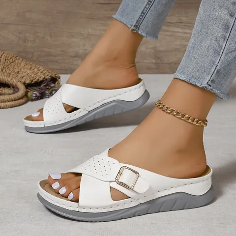 Women's Summer Wedge Sandals Cross Strap PU Leather Perforated Roman Sandals Beach Shoes Gold Buckle Slope Heel Casual Footwear