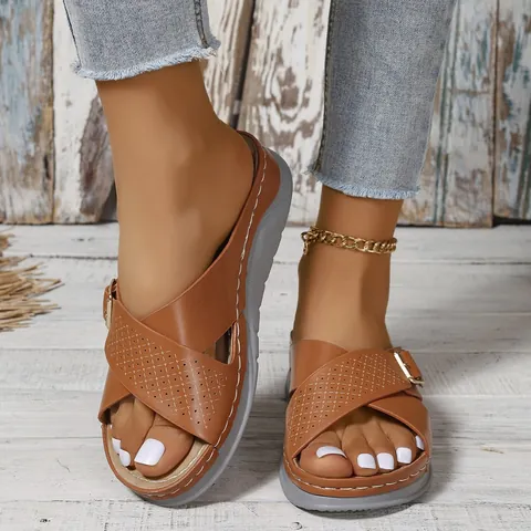 Women's Summer Wedge Sandals Cross Strap PU Leather Perforated Roman Sandals Beach Shoes Gold Buckle Slope Heel Casual Footwear