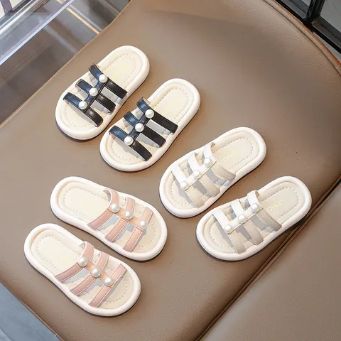 Sandalias de Pala con Perlas para Niñas Verano Cuero Sintético Suela Blanda Pantuflas de Playa Casuales