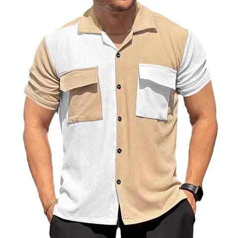 Ανδρικό Casual Πουκάμισο με Κοντό Μανίκι Polyester Υφή Βάφλας με Κουμπιά και Γιακά Πουκάμισο με Τσέπες Καλοκαιρινό Παραλία Χαλαρή Γραμμή