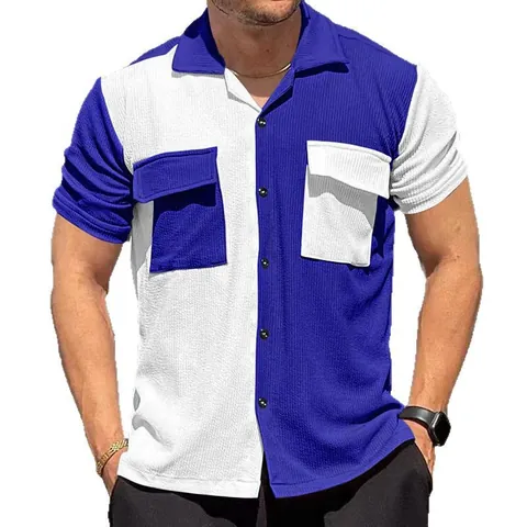 Ανδρικό Casual Πουκάμισο με Κοντό Μανίκι Polyester Υφή Βάφλας με Κουμπιά και Γιακά Πουκάμισο με Τσέπες Καλοκαιρινό Παραλία Χαλαρή Γραμμή
