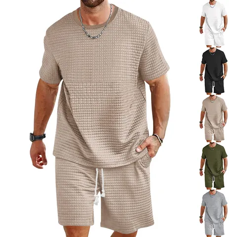 Hombres Waffle Knit Camiseta Y Pantalones Cortos Verano Casual Deporte Color Sólido Cuello Redondo Moda