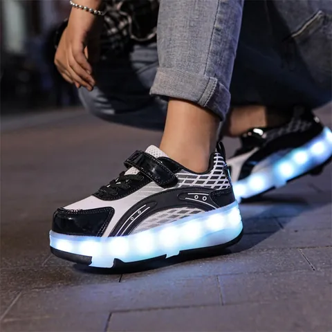 Kids 4 Wheels LED Roller Shoes Boys Girls 6-12 Years Old Synthetic Leather Breathable Skating Training Sneakers Gift