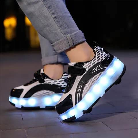 Kids 4 Wheels LED Roller Shoes Boys Girls 6-12 Years Old Synthetic Leather Breathable Skating Training Sneakers Gift