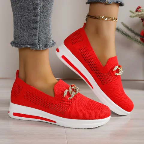 Dames Flyknit Sleehak Loafers Ademend Hol Mesh Slip-On Schoenen Metalen Ketting Mode Grote Maat Platform Sneakers Casual Dagelijkse Schoenen
