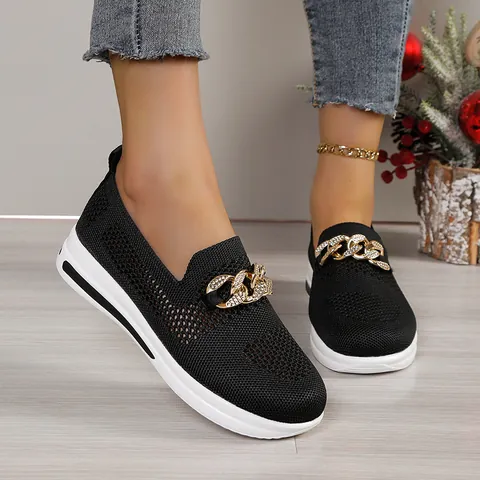 Dames Flyknit Sleehak Loafers Ademend Hol Mesh Slip-On Schoenen Metalen Ketting Mode Grote Maat Platform Sneakers Casual Dagelijkse Schoenen