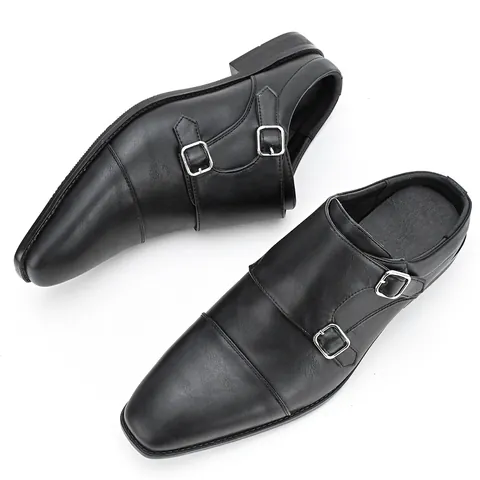 Men's Business Mules Double Monk Strap PU Leather Slip-On Dress Shoes Burnished Toe Office Formal Casual Sandals For Men