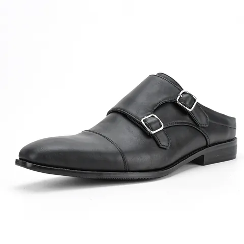 Men's Business Mules Double Monk Strap PU Leather Slip-On Dress Shoes Burnished Toe Office Formal Casual Sandals For Men
