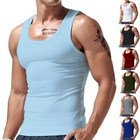 Men's Casual Tank Top Solid Color Sleeveless Sports Vest Summer Breathable Slim Fit Undershirt Muscle Tee For Workout Gym