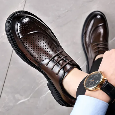 Herren Sommer Business Casual Ausgeschnittene Lederschuhe Atmungsaktive Brogue Derby Schuhe Mode Dicke Sohle Rutschfeste Formelle Fußbekleidung