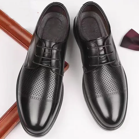 Men Business Formal Genuine Cowhide Leather Dress Shoes Perforated Breathable Height Increasing Summer Derby Wedding Shoes For Groom