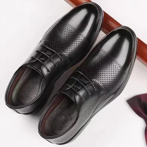Men Business Formal Genuine Cowhide Leather Dress Shoes Perforated Breathable Height Increasing Summer Derby Wedding Shoes For Groom
