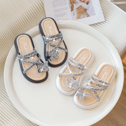 Zapatillas de Verano para Niñas Estilo Coreano con Lazo de Diamantes de Imitación Sandalias de Princesa de Moda Chancletas Informales