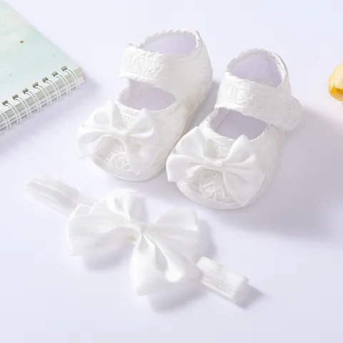Newborn Baby Girl White Lace Princess Shoes And Flower Headband For First Birthday Baptism Party Dress Shoes Prewalker