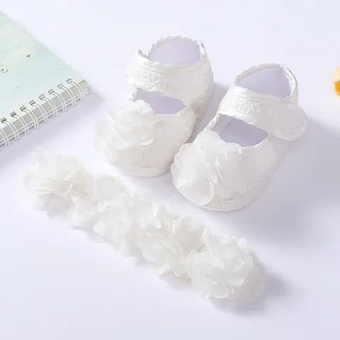 Newborn Baby Girl White Lace Princess Shoes And Flower Headband For First Birthday Baptism Party Dress Shoes Prewalker