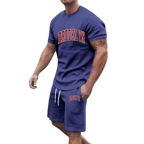 Men Polyester Printed Letter Brooklyn T-Shirt And Shorts Casual Sportswear Top And Bottom Fashion Summer Outfit