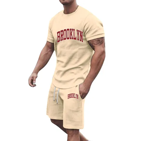 Men Polyester Printed Letter Brooklyn T-Shirt And Shorts Casual Sportswear Top And Bottom Fashion Summer Outfit