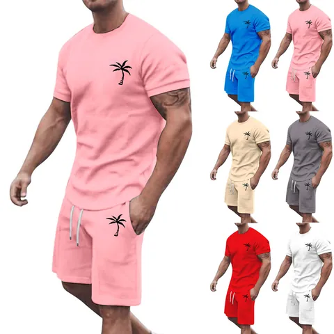 Men's Casual Summer Outfit Polyester Round Neck Short Sleeve Top And Bottom With Coconut Tree Print Drawstring Shorts