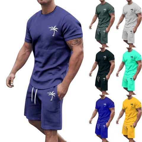 Men's Casual Summer Outfit Polyester Round Neck Short Sleeve Top And Bottom With Coconut Tree Print Drawstring Shorts