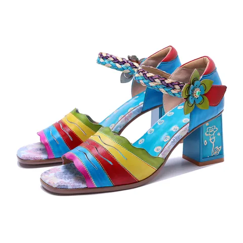 Boheems Schapenvacht Handgemaakte Handgeschilderde Retro Kleurblok Sandalen Met Hoge Hak Voor Dames Bloemen Blokhak Sandalen