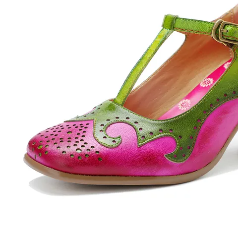 Dames Handgemaakte Echt Leren Mary Jane Vintage T-Strap Blokhak Pumps Handgewreven Kleurblok Bloemrijk Gesneden Mode Schoenen