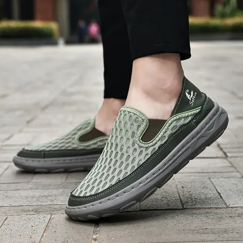 Men Summer Breathable Mesh Casual Shoes Slip-on Loafers Lightweight Soft Sole Sewn Non-slip Walking Sneakers For Men Outdoor Daily Leisure
