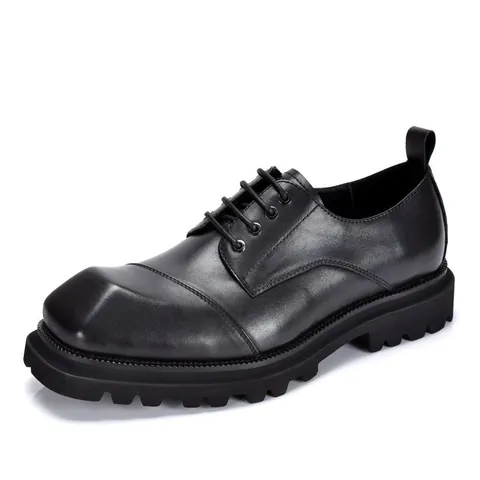Handmade Cowhide Derby Shoes For Men British Vintage Thick Sole Round Toe Genuine Leather Casual Business Shoes Brown Black