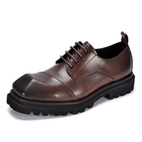 Handmade Cowhide Derby Shoes For Men British Vintage Thick Sole Round Toe Genuine Leather Casual Business Shoes Brown Black