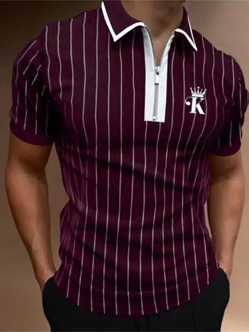 Heren Western Casual Sportief Gestreept Poloshirt Korte Mouw Kwart Rits Contrast Kraag Top Met Kroon Letter Print