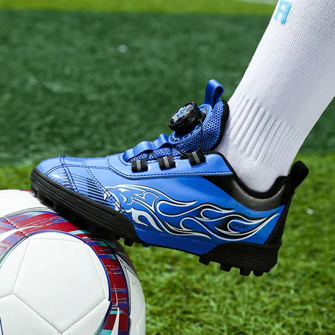 Kids Soccer Shoes TF Turf Studs Outdoor Training Sports Shoes Rotating Buckle Synthetic Leather Flame Pattern Boys Girls