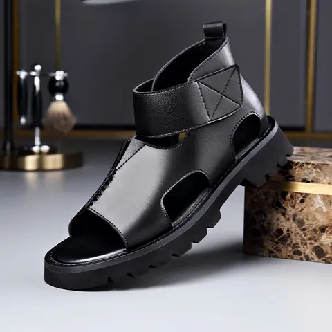 2024 Nuova Tendenza Estiva Scarpe da Spiaggia da Uomo Punta Aperta Suola Spessa Rialzante Sandali Romani Traspiranti in Crosta di Cuoio Sandali Casual All'aperto